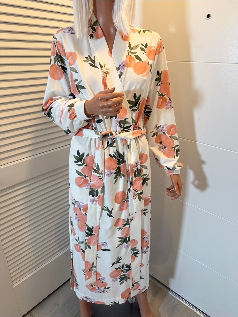 Mason Grey small women's banded robe Cream Floral Peach Print Wrap Robe